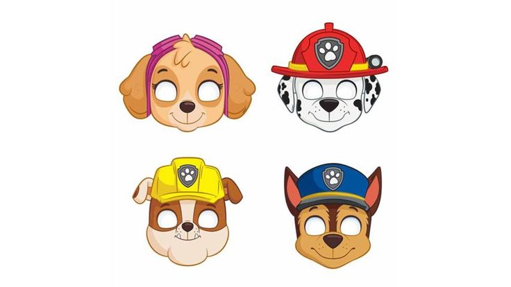 four masks with different types of dogs wearing fireman's hats on their faces