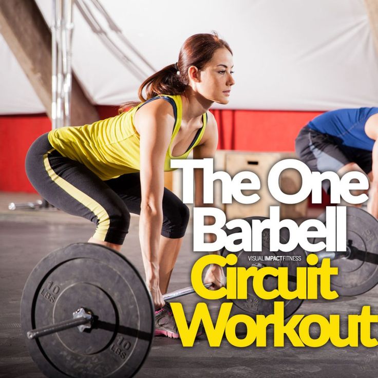 the one barbell circuit workout poster features two women doing squats with their weight plates