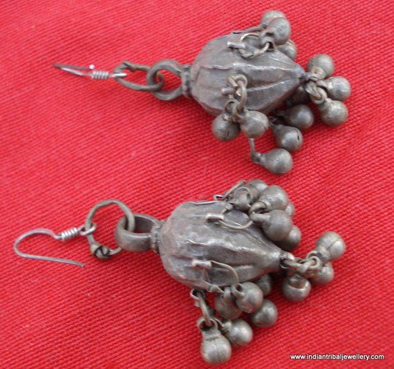 ancient antique tribal old silver earrings traditional jewelry indian ethnic Traditional Silver Bell Earrings, Traditional Silver Earrings With Bells, Bohemian Jhumkas For Ceremonial Festivals, Traditional Metal Earrings With Antique Finish, Traditional Silver Brass Jhumkas, Traditional Silver Jewelry With Bells, Silver Traditional Festival Jhumkas, Traditional Silver Jhumkas For Festival, Traditional Antique Silver Wedding Earrings