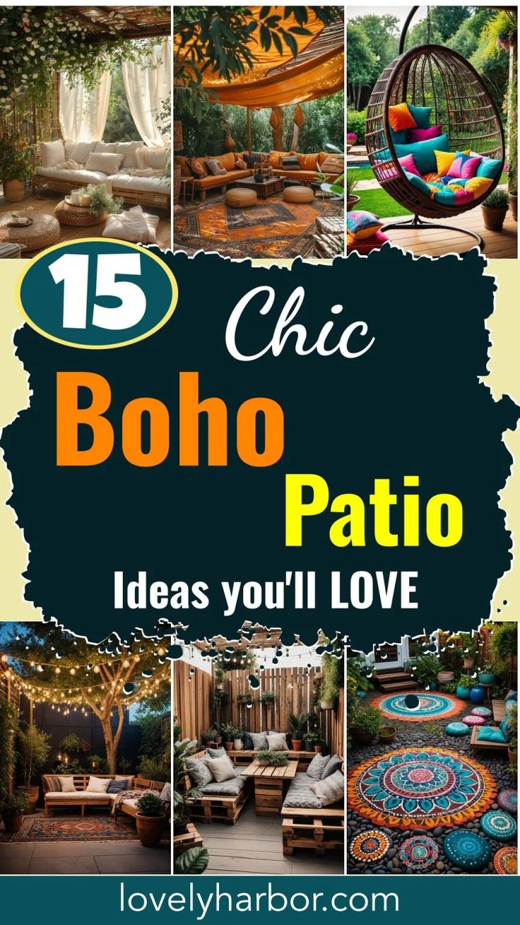 the cover of 15 chic boho patio ideas you'll love