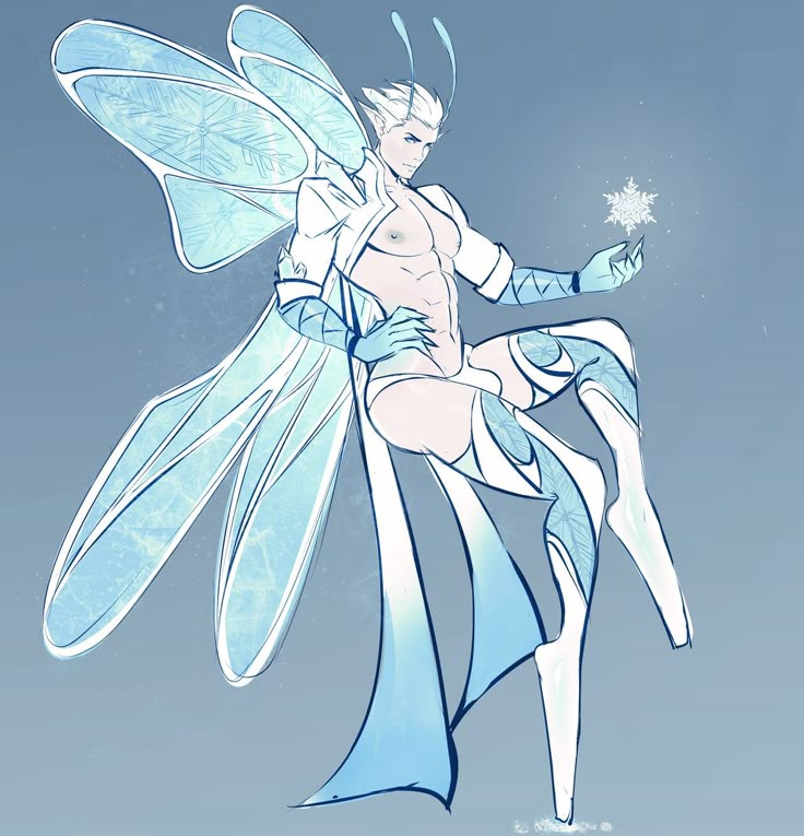 a drawing of a man dressed as a fairy holding a snowflake in his hand