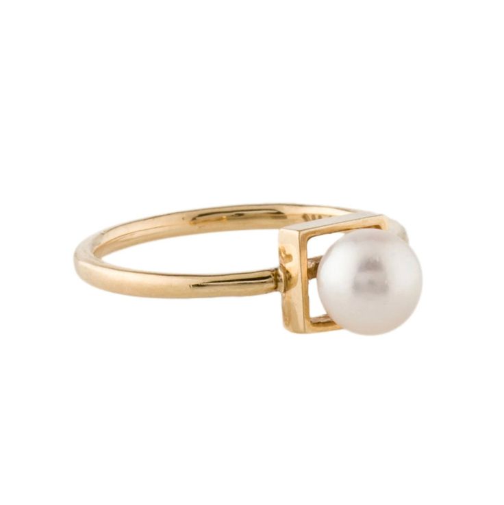 Cultured pearl, 14K Yellow Gold, sz 5.75. Unknown designer, Very good condition, Minor blemishes. Formal Akoya Pearl Drop Rings, Modern Yellow Gold Pearl Ring For Formal Occasions, Formal Pearl Drop Open Ring, Formal Open Ring With Pearl Drop, Minimalist Pearl Rings For Formal Occasions, Modern Pearl Ring For Formal Occasions, Formal Open Pearl Ring, Modern 14k Gold Pearl Ring For Wedding, Timeless Yellow Gold Pearl Ring For Formal Events