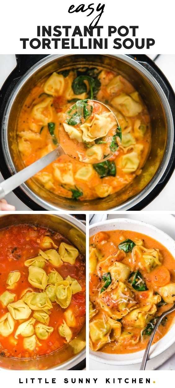 the steps to make tortellini soup are shown in three different pictures, including pasta and spinach