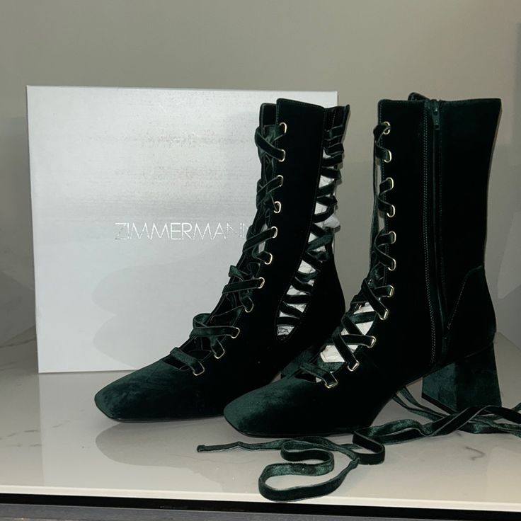 Stunning Green Velvet Boots With Side Zip, Perfect Condition With Box Retail Is $1095 Formal Closed Toe Lace-up Winter Boots, Luxury Lace-up Winter Boots, Luxury Lace-up Boots For Winter, Formal Closed Toe Lace-up Boots For Winter, Luxury Winter Lace-up Boots, Formal Winter Lace-up Boots With Closed Toe, Formal Lace-up Boots For Winter With Closed Toe, Formal Suede Lace-up Boots With Reinforced Heel, Luxury Green Boots For Formal Occasions