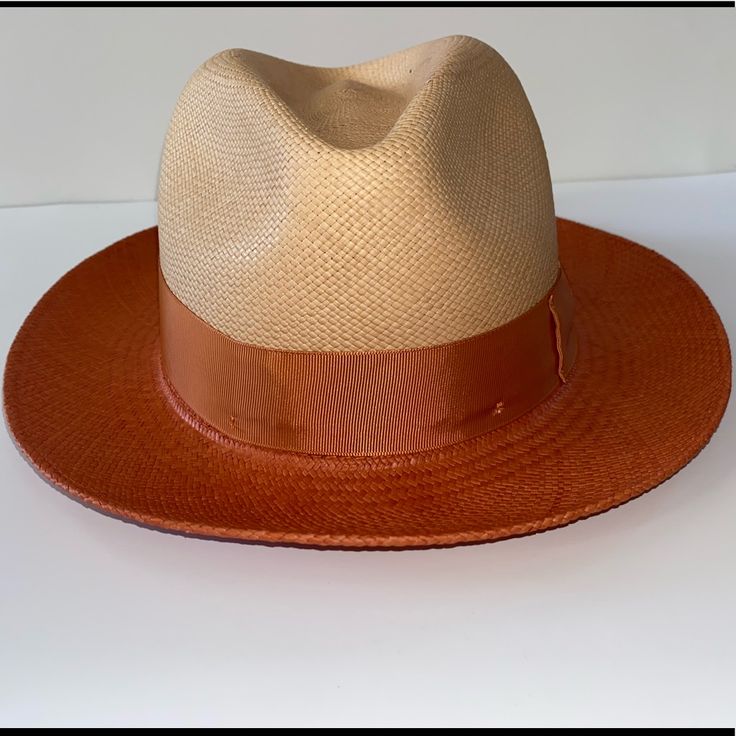 Christian Courture Two Tone Fedora Hat , An Original Panama Hat Made In Ecuador ! Luxury Brown Hat With Curved Brim, Luxury Fitted Brown Hat, Luxury Brown Brimmed Hat, Fitted Brown Sun Hat For Vacation, Elegant Brown Wide-brim Panama Hat, Luxury Brown Fedora With Flat Brim, Fitted Brown Straw Hat With Short Brim, Fitted Brown Panama Hat For Beach, Luxury Brown Flat Brim Fedora