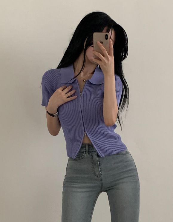 Lilac Short Sleeves Dual Zipper Top | Chae Yoo Jin - Forecasting Love And Weather M Forecasting Love And Weather, Fashion Chingu, Black Bustier, Romper Suit, Slim Fit Shorts, Zipper Top, Knit Vest, Corset Top, Denim Fashion