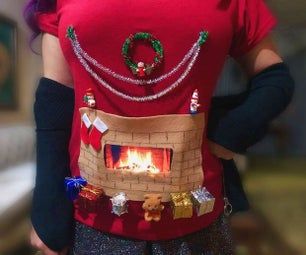 a woman wearing a red sweater with a fireplace on it's back and christmas decorations around her neck