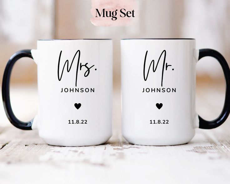 two personalized coffee mugs with the names mr and mrs written on each one