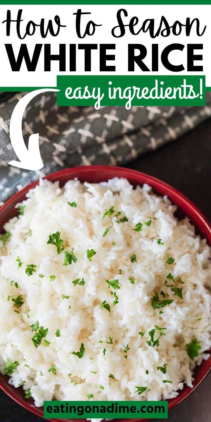 white rice in a red bowl with the words how to season white rice easy ingredients