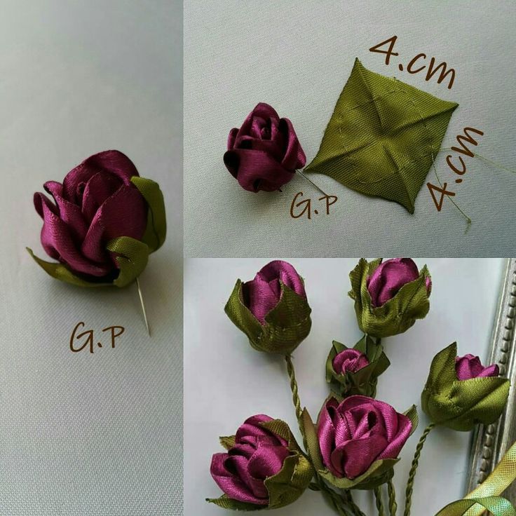 three pictures showing how to make fake flowers with ribbon and fabric, including the stems