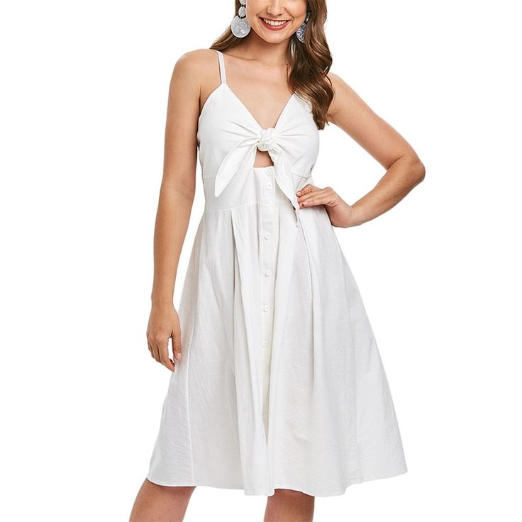 Smocked Tie Front Buttoned Dress - White - 5S18964915 - Women's Clothing, Dresses, Casual Dresses  #CasualDresses #Women's #Clothing # #Dresses # #Casual #Dresses Cute White Summer Dress, Buttoned Dress, Cheap Dresses Casual, White Summer Dress, Next Dresses, Cheap Womens Clothing, Button Front Dress, Straight Dress, Smocked Dress