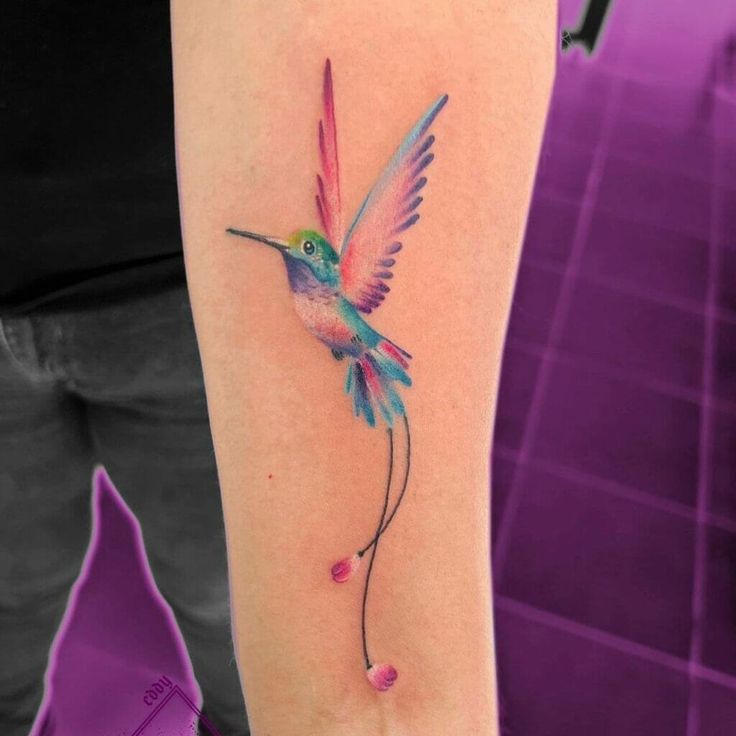 a colorful hummingbird tattoo on the arm