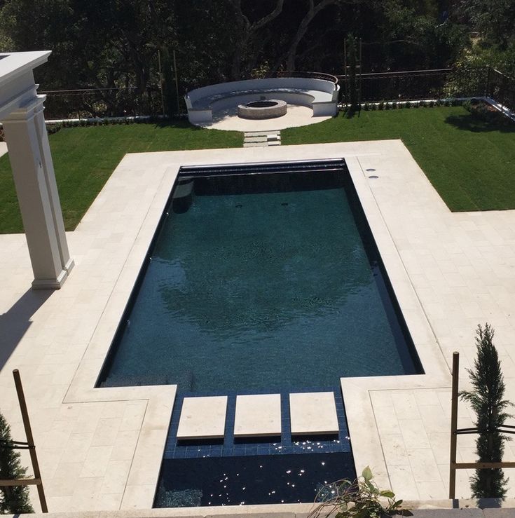 an aerial view of a swimming pool in a backyard