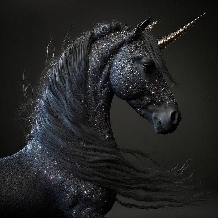 a black unicorn with long manes and stars on it's head, standing in front of a dark background