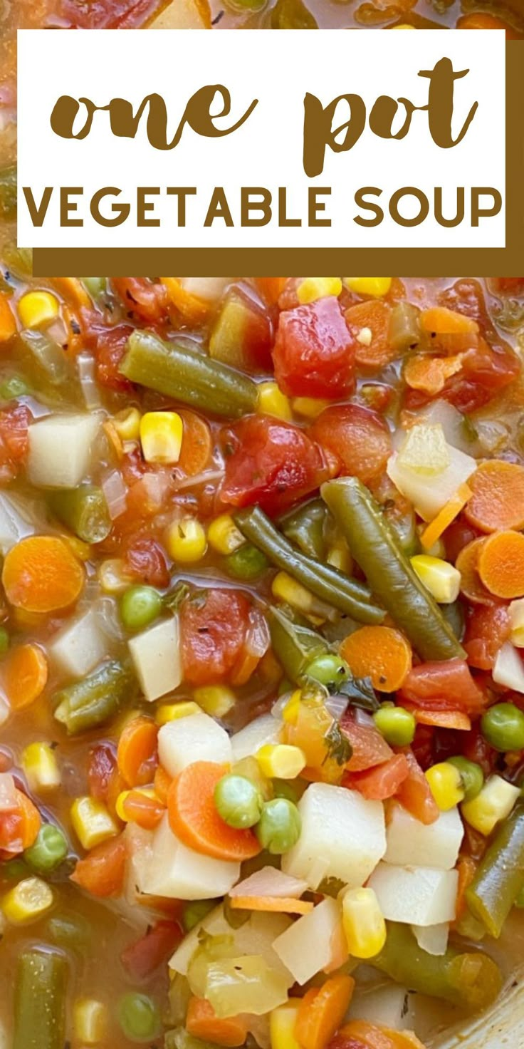 a bowl filled with vegetable soup and the words one pot vegetable soup above it are two pictures