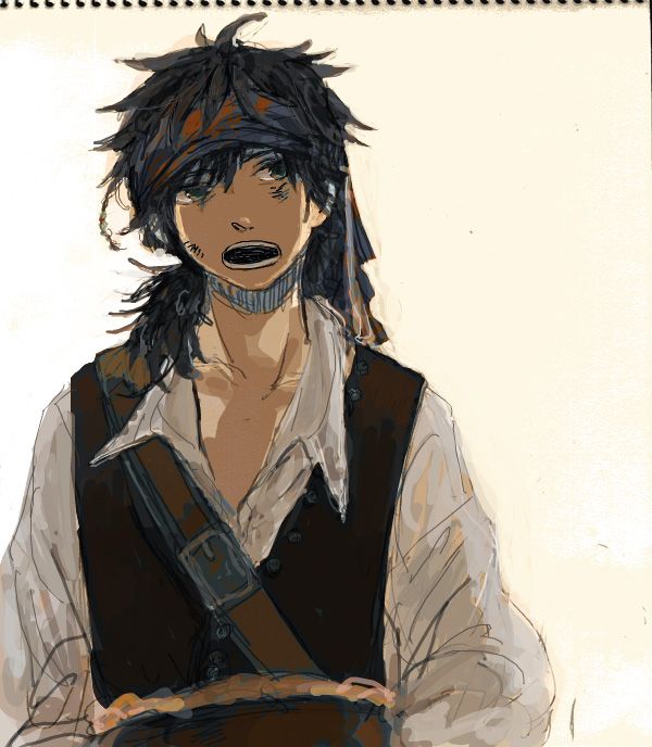 a drawing of a man with black hair and suspenders