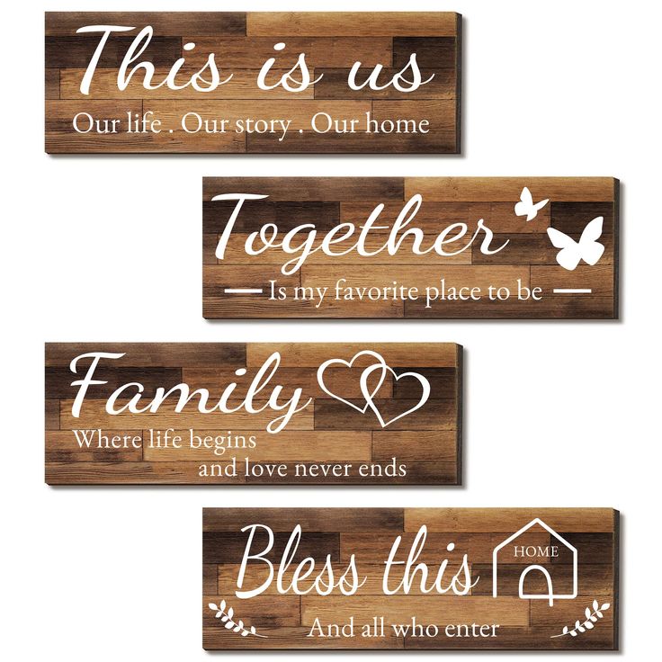 three wooden signs with words on them that say,'this is us together family and love