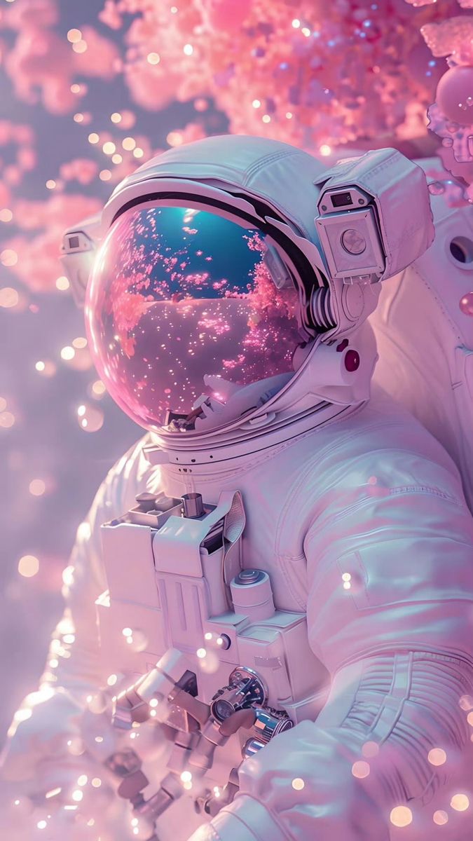 an astronaut floating in the air next to pink and blue fireworks, with his hands on his chest