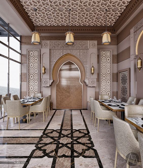 the interior of a restaurant with white chairs and tables in front of an arch - shaped doorway