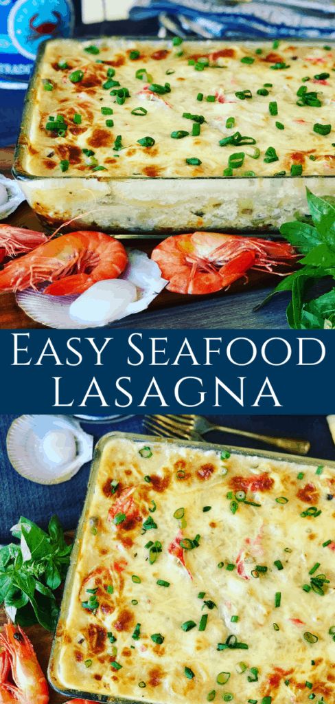 two servings of seafood lasagna with parsley garnish on the side