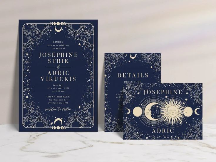 two wedding cards with the moon and stars on them, one is blue and the other is gold