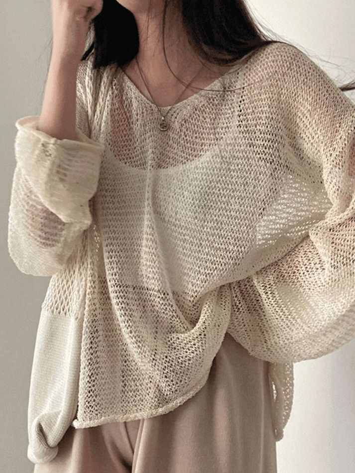 Lazy Style Hollow Out Pullover Oversized Long Sleeve Crochet Knit Top - AnotherChill Crochet Knit Top, Long Sleeve Crochet, Sheer Long Sleeve Top, Streetwear Chic, Lazy Style, 2000s Outfits, Sleeve Crochet, Crochet Cover Up, Oversized Long Sleeve