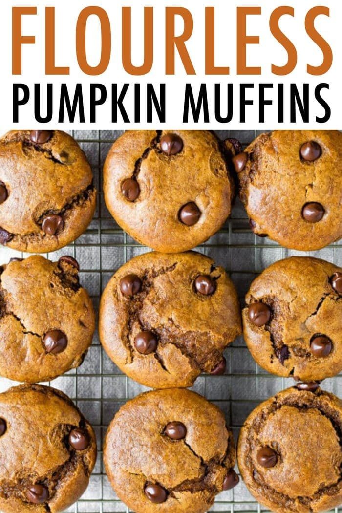 chocolate chip pumpkin muffins on a cooling rack with text overlay that reads flourless pumpkin muffins