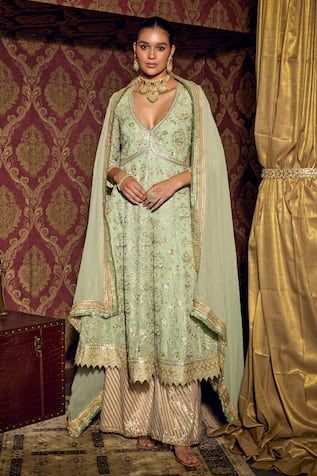 Pistachio green anarkali with floral lace embroidery. Paired with a palazzo and dupatta. - Aza Fashions Green Anarkali, Pink City, Palazzo Set, Pistachio Green, Lace Neckline, Organza Dupatta, Suit Designs, Lace Embroidery, Pink Silk