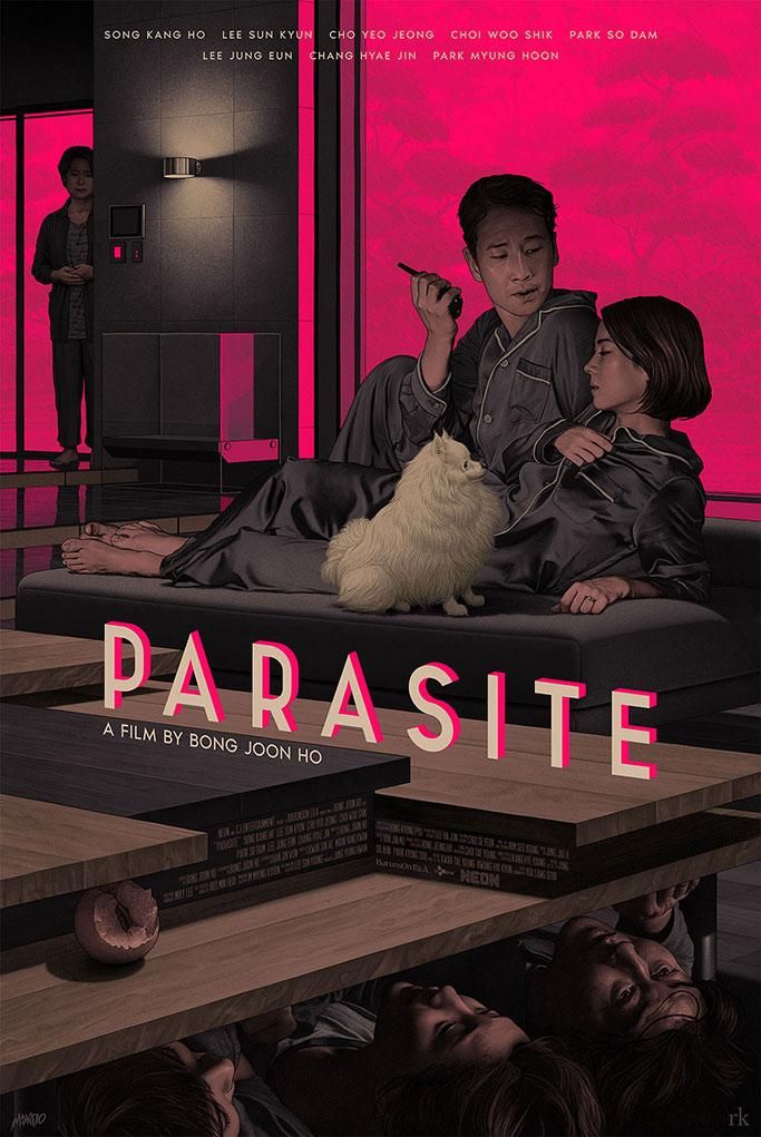 a movie poster for the film parasite with two people sitting on a couch