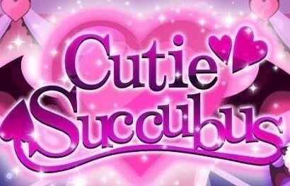 the title for cutie succubus, with pink hearts and stars in the background