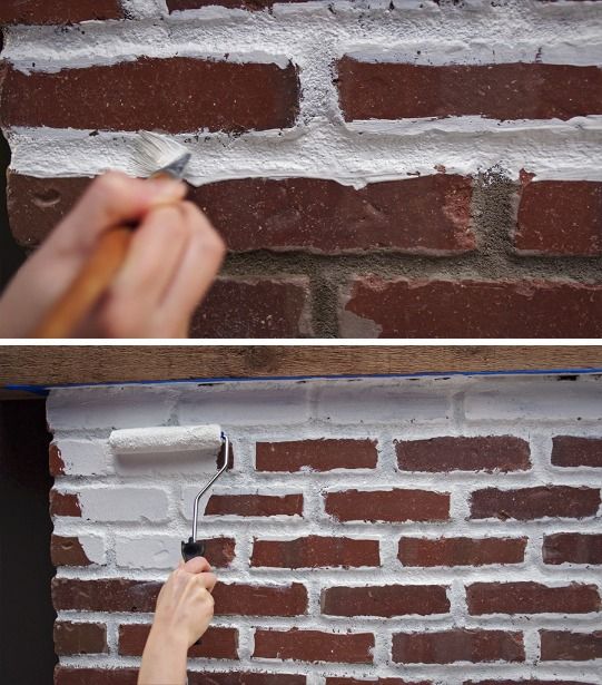 two photos side by side, one showing brick wall and the other shows plaster being applied to it