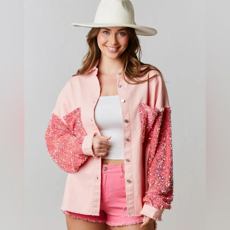 This Shacket Features Long Sleeves With Drop Shoulders, Breast Pockets, A High Low Hemline, Raw Hems, A Collared Neckline, Button Down Front Closure, And Sequins On The Pockets And Sleeves. Nwt Oversized Pink Cotton Outerwear, Peach Long Sleeve Spring Outerwear, Spring Peach Outerwear, Pink Long Sleeve Outerwear For Summer, Pink Long Sleeve Summer Outerwear, Pink Summer Outerwear For Brunch, Oversized Pink Outerwear For Spring, Chic Pink Outerwear For Brunch, Chic Pink Cotton Outerwear