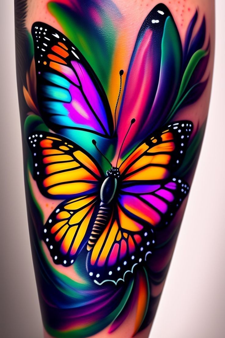 a colorful butterfly tattoo on the leg