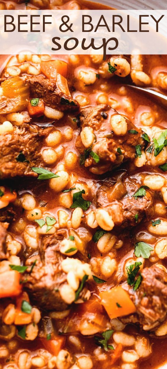 beef and barley soup in a white bowl