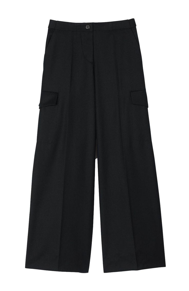 Wide-leg trousers with press-stud waistband, zip fastening and large side pockets. Sandro Women's wide-leg trousers Press stud at waistband Zip fly and press stud Flap pockets on sides Slanting pockets The model is 5'9 tall and wears a size 4 Black Pants With Flap Pockets For Workwear, High-waisted Wide Leg Pants With Flap Pockets For Work, Black Workwear Pants With Flap Pockets, High Waisted Cargo Pants With Flap Pockets For Workwear, Wide-leg Cargo Pants For Work With Welt Pockets, Wide-leg Cargo Pants With Belt Loops For Workwear, Wide Leg Workwear Pants With Flap Pockets, Work Pants With Cargo Pockets, High-waisted Workwear Bottoms With Flap Pockets