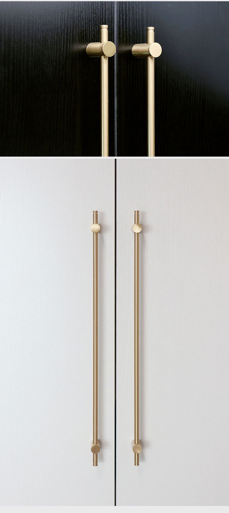 two pictures of the handles and handles on a white cabinet with black doors, one in gold