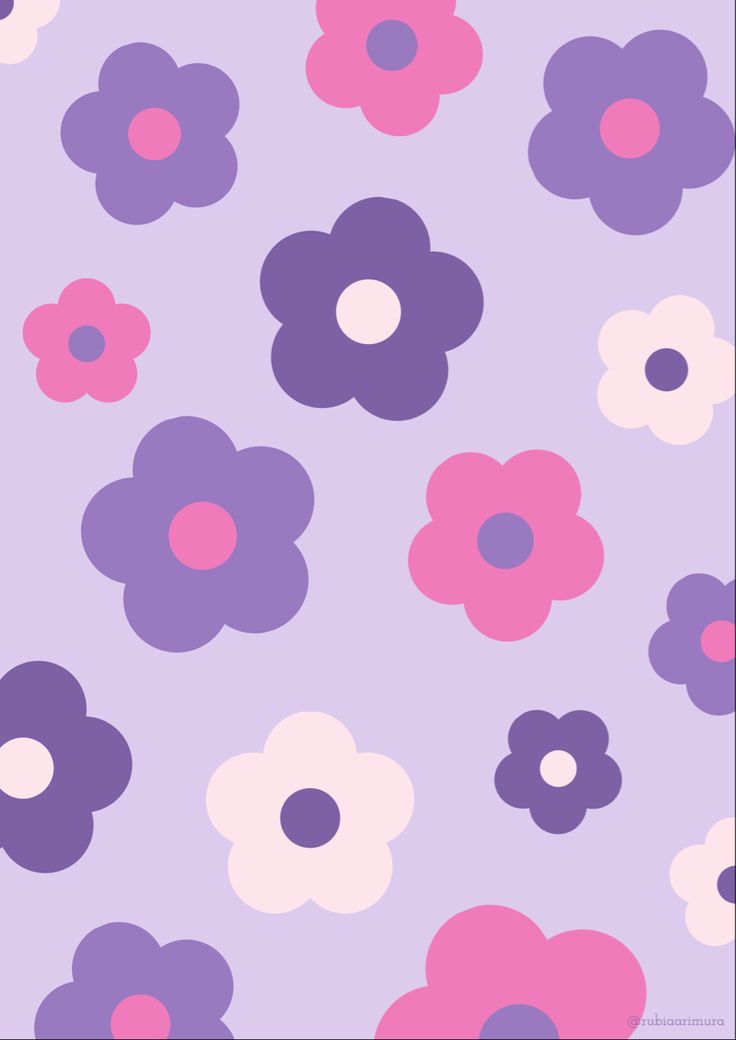 purple and pink flowers on a light purple background with white polka dots in the center