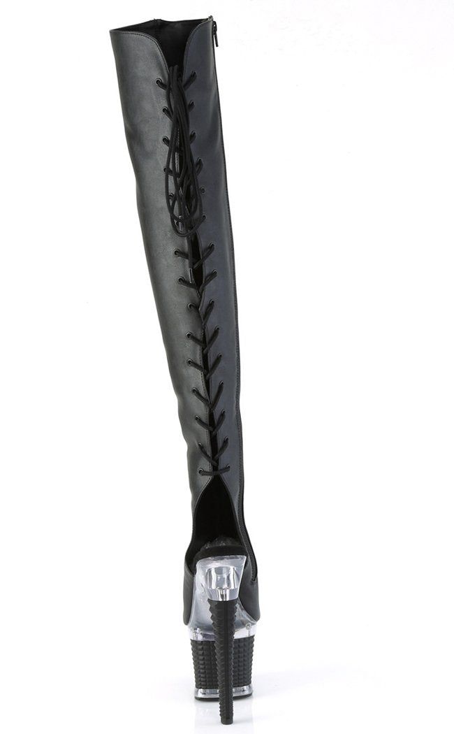 You're a one-woman show, baby! The SPECTATOR-3019 thigh-high boots feature a black matte upper with a peep toe and ankle cutout that secures with a rear lace-up and inner zip. The platform and heel feature a clear segment on top of a stud effect panel. The SPECTATOR series boasts a tall 7-inch heel and a 3-inch platform, a mid-range heel ideal for beginners and professional dancers alike.HEEL/PLATFORM : 7" Heel, 3" PFFIT GUIDE : True to sizeVEGAN : Yes﻿SIZE ﻿: US women's sizing Gothic Leather Lace-up Knee-high Boots, Black High Cut Leather Knee-high Boots, Black Leather High Cut Knee-high Boots, Leather Knee-high Boots, Fitted High-cut Leather Heeled Boots, Black Gothic Knee-high Boots, Fitted Black Gothic Knee-high Boots, Black Thigh High Polyurethane Heeled Boots, Fitted Black Gothic Lace-up Boots