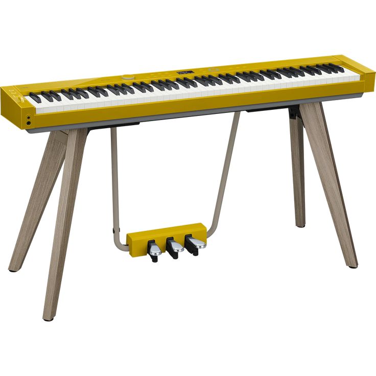 an electronic keyboard with four keys and two pedals on it's legs, sitting in front of a white background