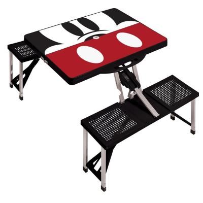 a black and red picnic table with two benches