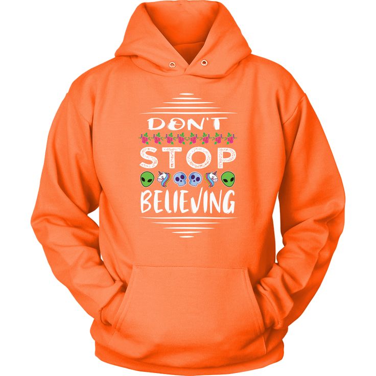 Are you a believer, but get signals to stop believing? Fight them with all your might by wearing our Neon Orange Don't Stop Believing in Aliens Unicorns Skulls Unisex Hoodie! It's on sale now at BreakTheRulez in all the sizes for men women and kids too! Get yours today! Oh and we have lots of colors. Pink, green and many more! #unicorns #orange #hoodie #hoodies #neon Child Worker, Four Letter Words, Positive Shirt, Bee Kind, Dad Life, Cozy Sweatshirts, Neon Orange, Knit Cuff, Unisex Shirts