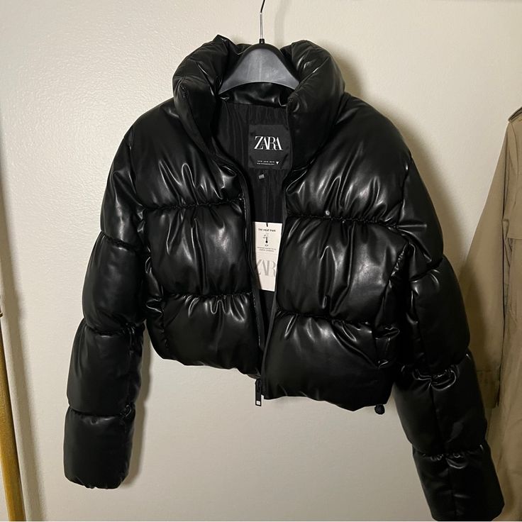 Never Worn, Came With Minor Defects (See Sleeve Pic). Zara Short Puffer Jacket, Black Puffer Jacket With Padded Collar For Fall, Black Fall Puffer Jacket With Padded Collar, Zara Black Fall Outerwear, Zara Black Outerwear For Fall, Chic Black Outerwear With Padded Collar, Black Puffer Outerwear For Spring, Black Spring Puffer Outerwear, Zara Puffer Outerwear For Streetwear