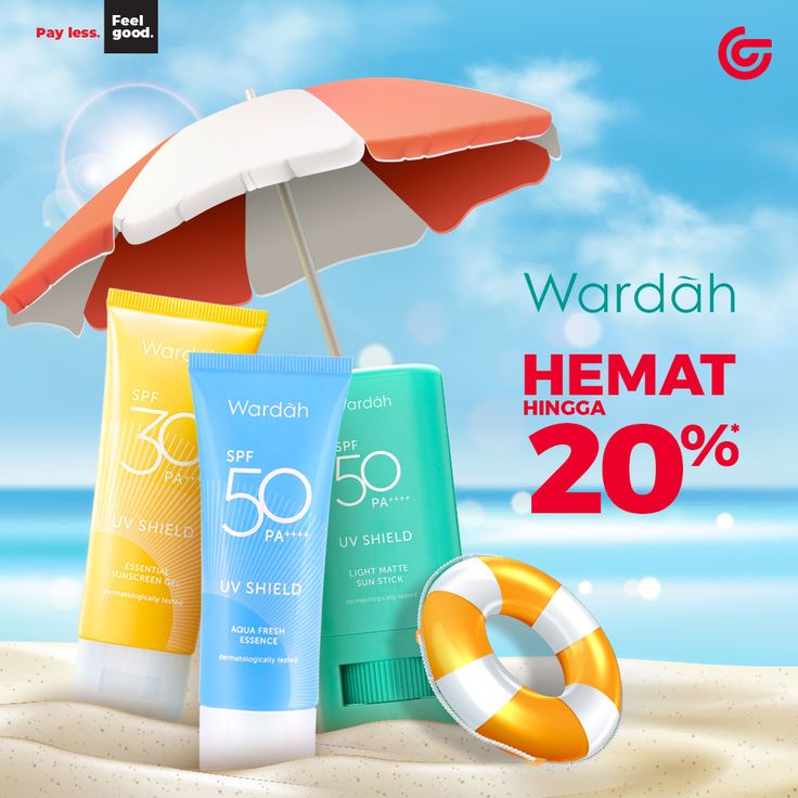 an advertisement for ward hemat sunscreens on the beach with sun umbrella and inflatable tube