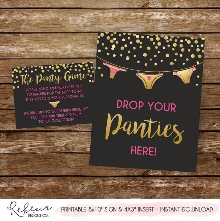 two black and gold bachelor party cards on wooden planks with the words drop your panties here