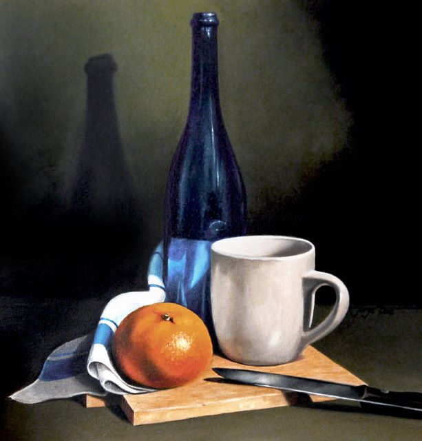 a painting of an orange, knife and coffee cup on a cutting board next to a bottle