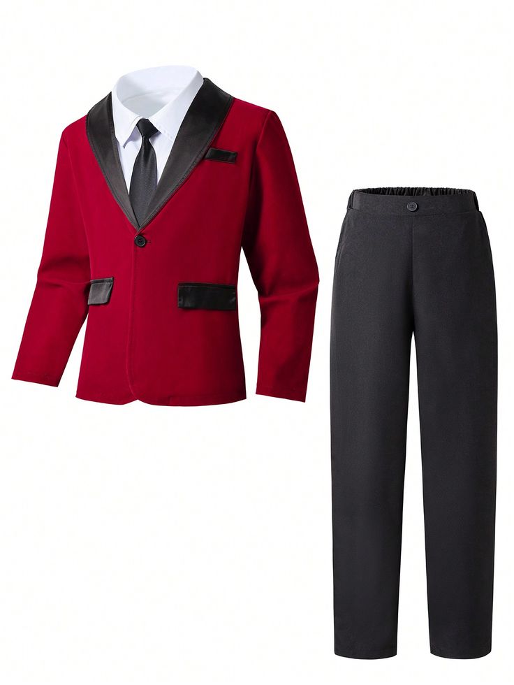 2pcs Tween Boys Gentleman Set - Velvet Contrast Blazer Jacket & Trousers Suit, Elegant Formal Outfit For Birthday Party, Wedding, Graduation, Christmas, Halloween Red Elegant  Long Sleeve Polyester   Non-Stretch  Tween Boys Clothing, size features are:Bust: ,Length: ,Sleeve Length: Formal Outfit, Trouser Suits, Boys Clothing, Boy's Clothing, Summer Casual, Women Clothes Sale, Women Long Sleeve, Blazer Jacket