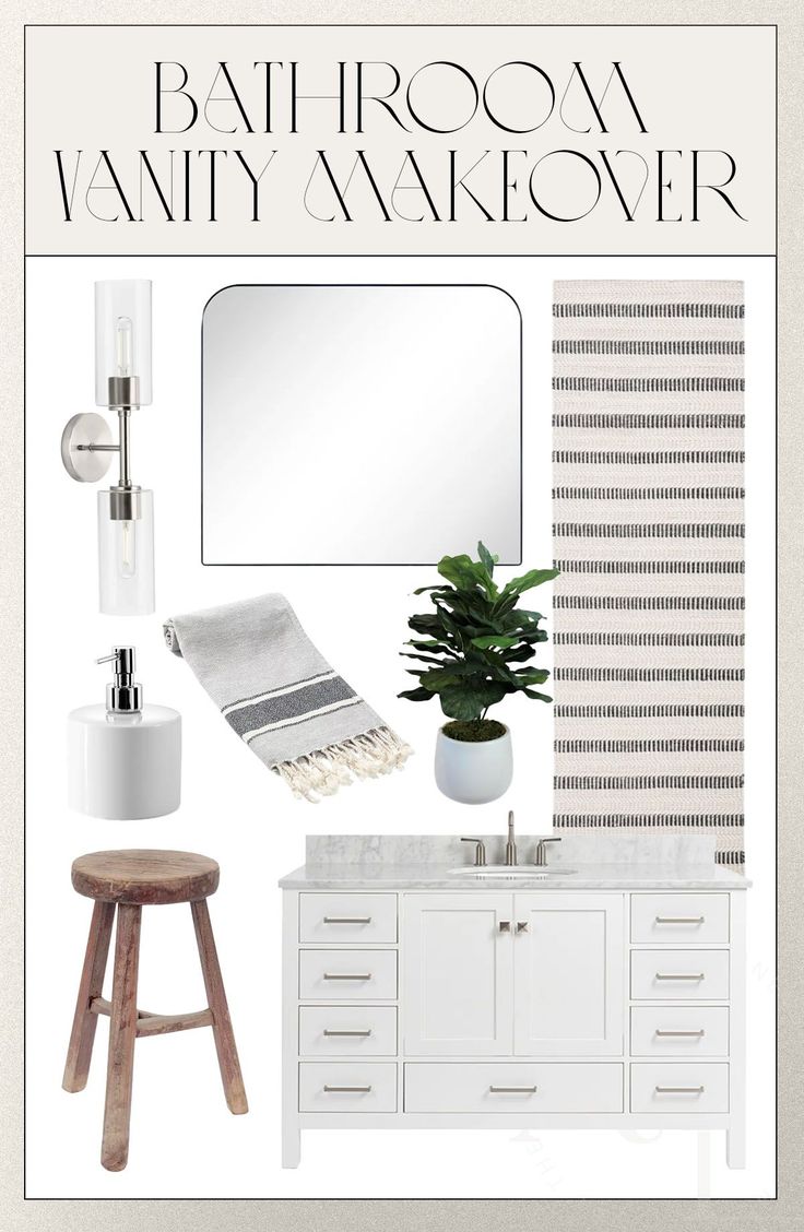 bathroom vanity makeover with white furniture and accessories for the sink, mirror, toilet paper roll, soap dispenser