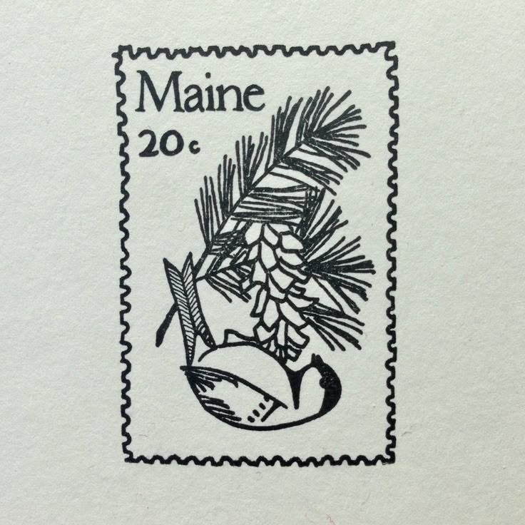 a stamp with pine cones on it and the words maine 20 written in black ink