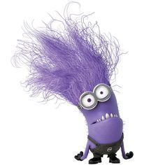 a purple minion with big eyes and long hair on it's head, standing in front of a white background