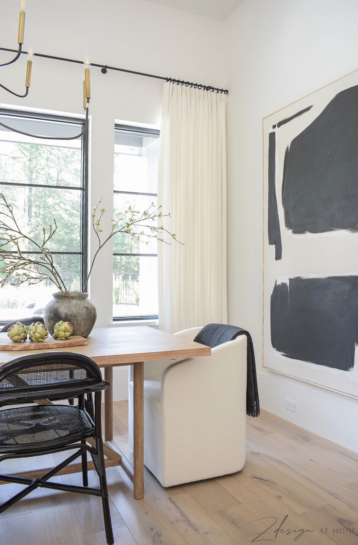 a dining room table with two chairs and a painting on the wall in the background